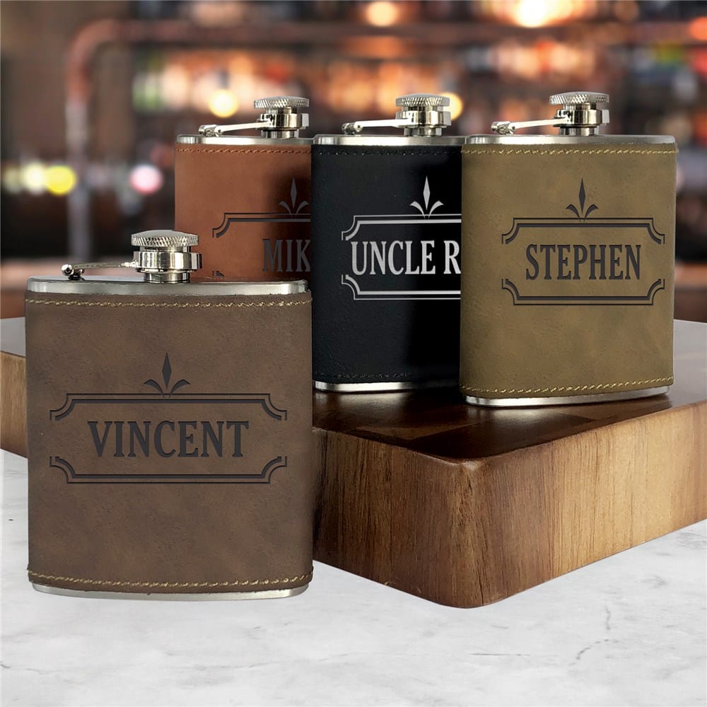 Personalized Leatherette Flask Gift Set Horace Custom Engraved Bamboo 